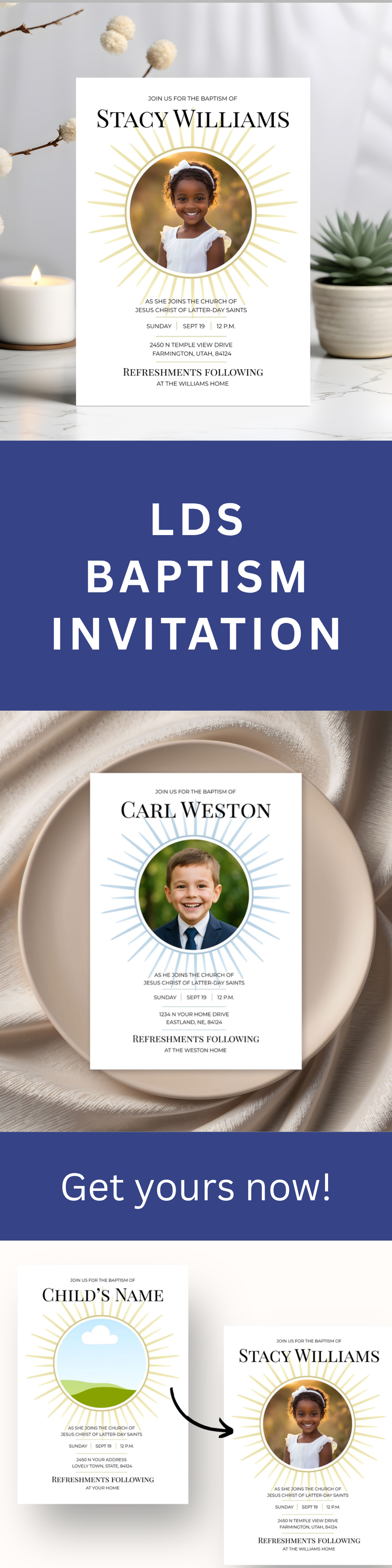 LDS Baptism Invitation – Canva Editable Sunrays Digital Download