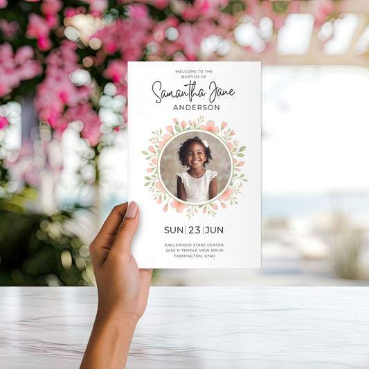 Girl Baptism Template Editable Canva Program LDS Ceremony Design Printable Foldable Format Custom Photo Layout Inside Panels Details Songs Talks Speakers Perfect Daughter Religious Milestone DIY Family Keepsake Digital Download Instant