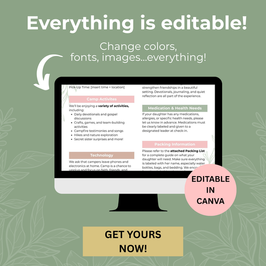 Editable Camp Checklist Template Printable Packing List Lds Girls Camp Youth Activity Planning Tool Digital Download Canva Compatible Customizable Format Reusable Resource Complete Preparation Guide Instant Access Organization Essential