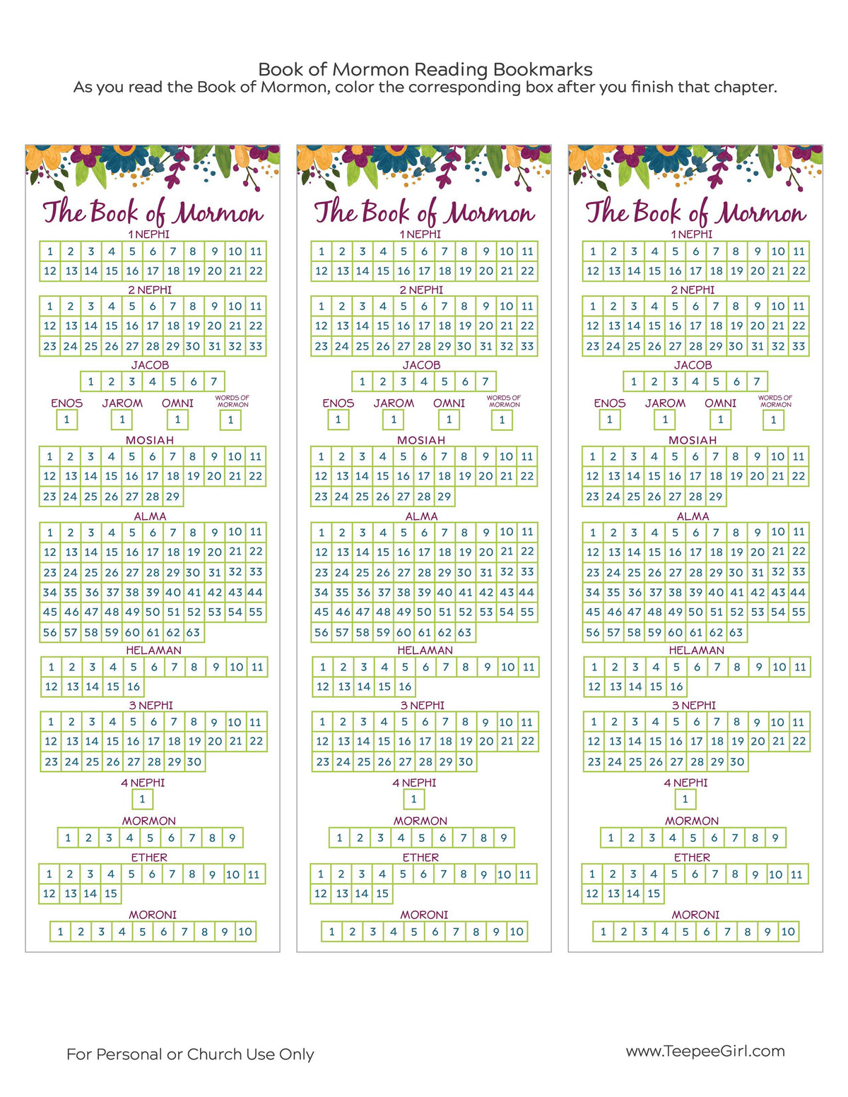 Book of Mormon reading chart bookmark, JPG