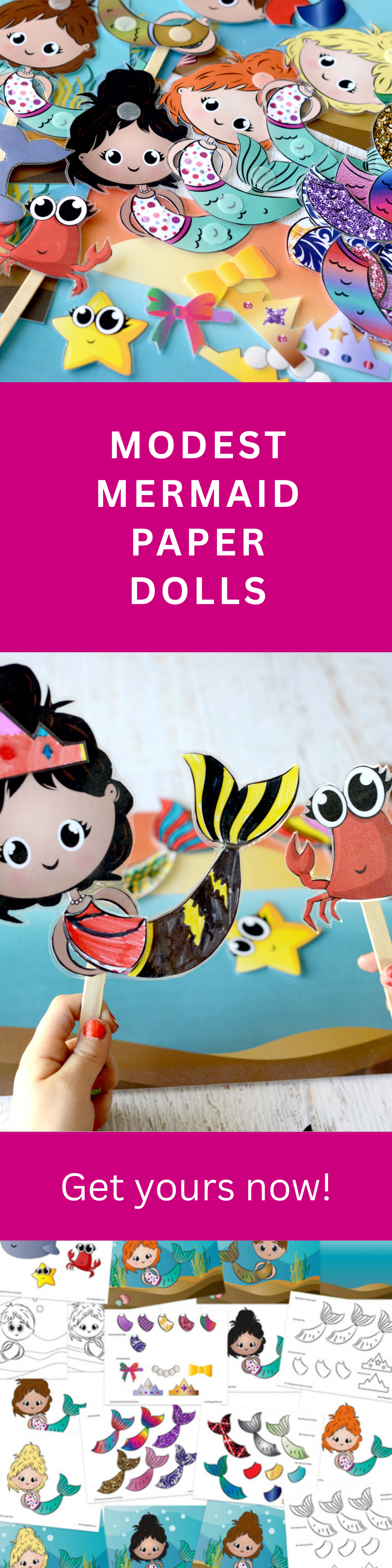 Mermaid Paper Doll Printable โ 20page Modest Activity Set for Kids