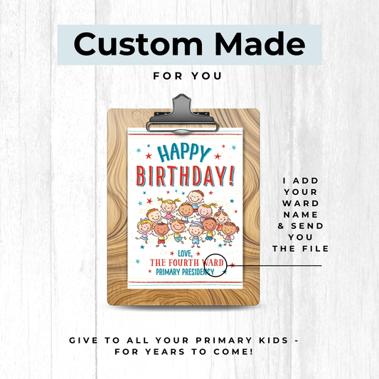 Personalized LDS primary birthday card printable with happy children, colorful balloons, custom ward name, and 5x7 digital file