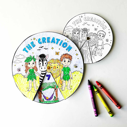 Interactive Bible Wheel Creation Story Coloring Activity Kids Sunday School Printable Craft Educational Learning Tool 7 Days Genesis Lesson Resource Digital Download Perfect Church Teaching Aid Children Ministry Program Engaging Hands On
