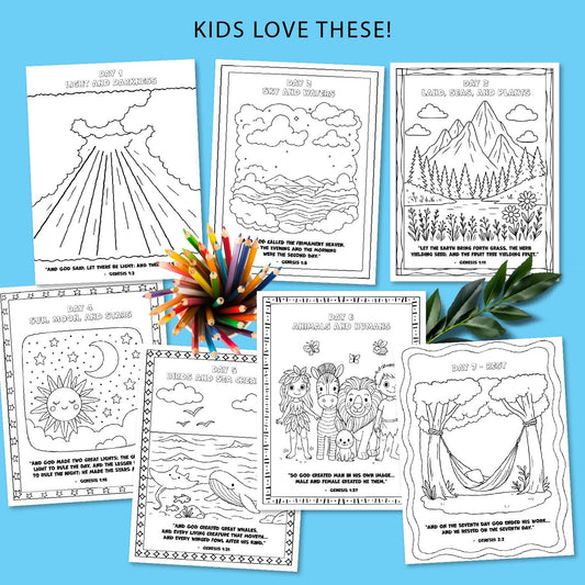 7 Days of Creation Bible Craft, Kids Coloring Pages, Sunday School Activities, Printable Homeschool Resources, Personal and Commercial Use