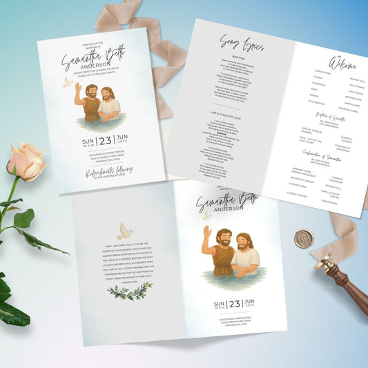 LDS Baptism Invitation and Program Bundle for Boys and Girls, Editable Canva Template, Instant Download, Jesus Baptism Customizable Design