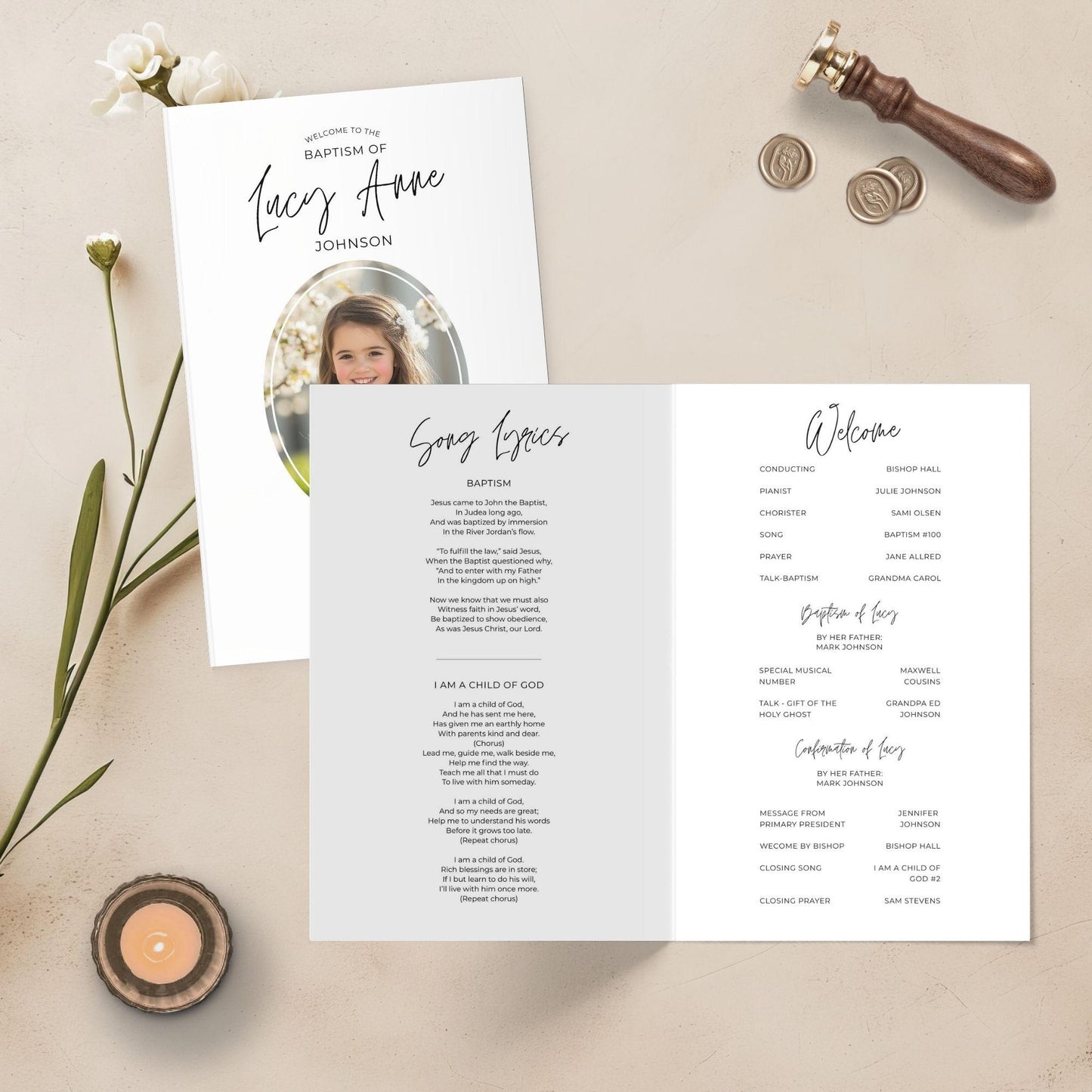 LDS Baptism Program Template | Editable Printable Program for Boy or Girl | Modern Foldable Baptism Program | Canva Template