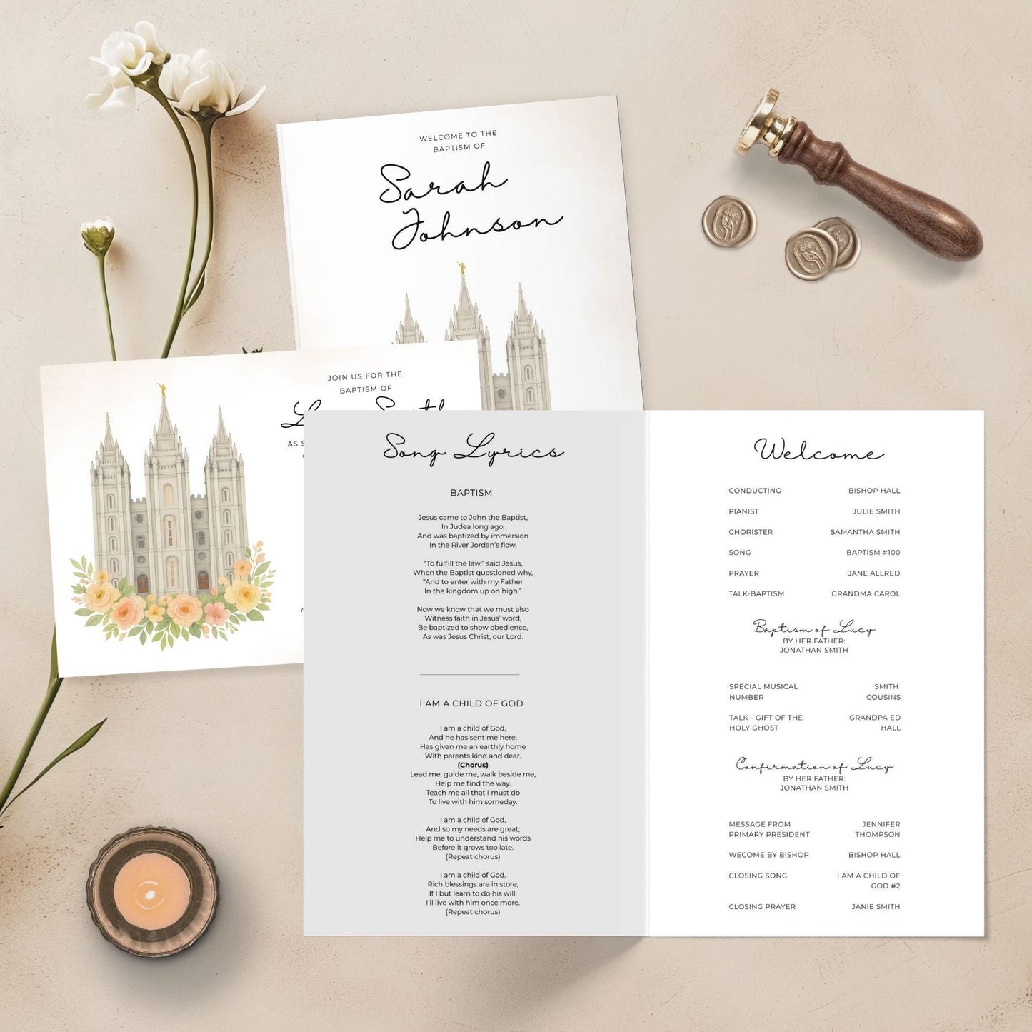 LDS Baptism Invitation and Program Bundle for Boys and Girls, Editable Canva Template, Instant Download, LDS Temple Customizable Design