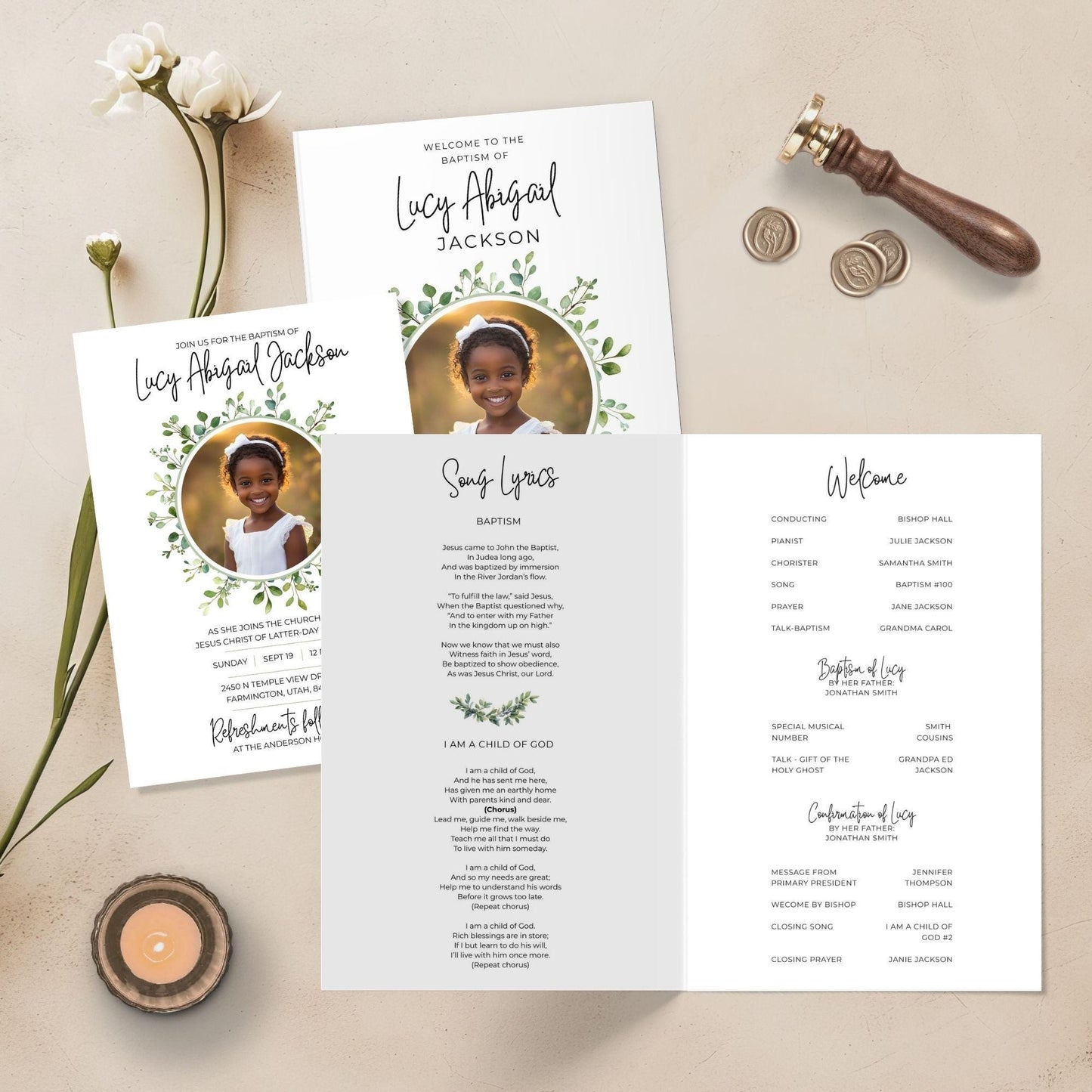LDS Baptism Invitation and Program Bundle for Boys and Girls, Editable Canva Template, Instant Download, LDS Temple Customizable Design