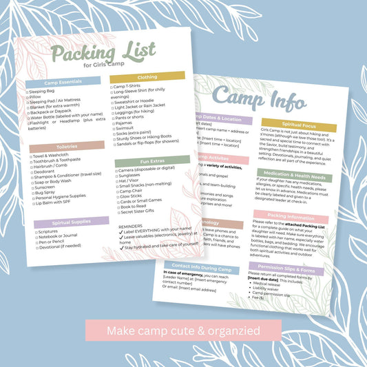 LDS Girls Camp Packing List, Girls Camp Checklist, Digital Download, Essential Packing Guide for Young Women, Canva Template