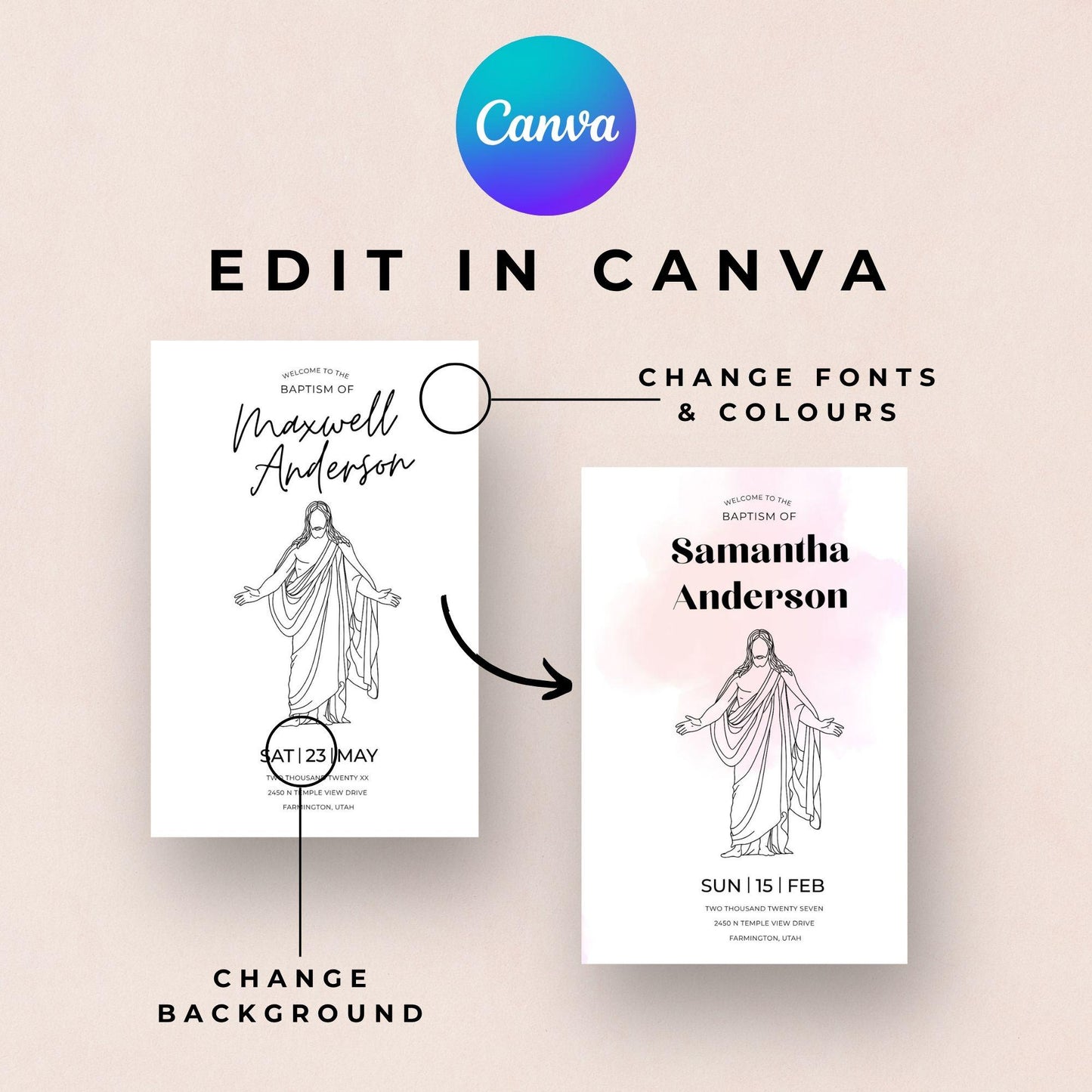 LDS Baptism Program Minimalist, Editable Template for Instant Download, Customizable Design for Boys & Girls, Canva Template