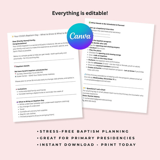 LDS Baptism Day Parent Letter | Printable Baptism Checklist & Program Planner | Primary Presidency Gift | LDS Baptism Prep Guide | Editable