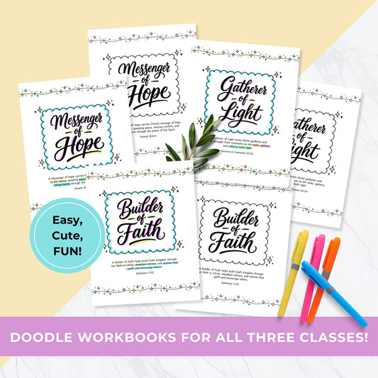 LDS Young Women doodle workbook bundle featuring Builder of Faith, Gatherer of Light, and Messenger of Hope printable covers with colorful markers