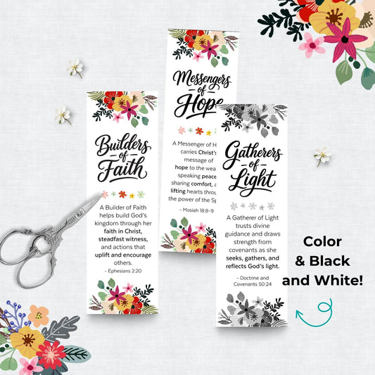 2026 Young Women class names bookmark set for LDS youth gift, girls camp handout, Sunday lesson handout, baptism gift, and birthday gift