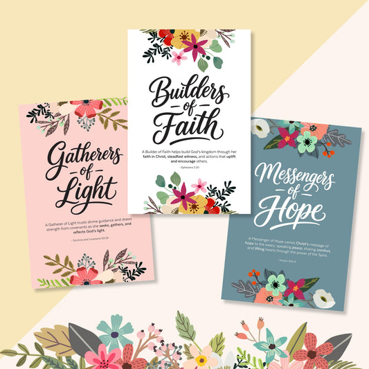 Faith Inspired Wall Decor LDS Young Women Class Names Printable Art Set Digital Download Collection Builders Of Faith Design Floral Artwork Elegant Typography Youth Bedroom Decoration Church Classroom Display Religious Gift Set Instant