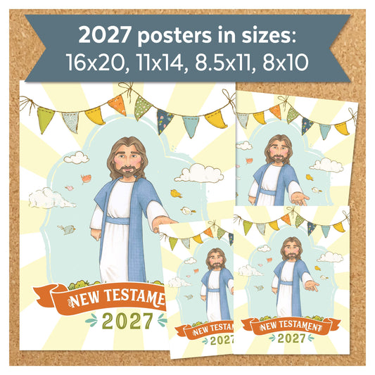2027 Come Follow Me New Testament monthly posters for LDS Primary in multiple printable sizes including 16x20 11x14 8.5x11 and 8x10