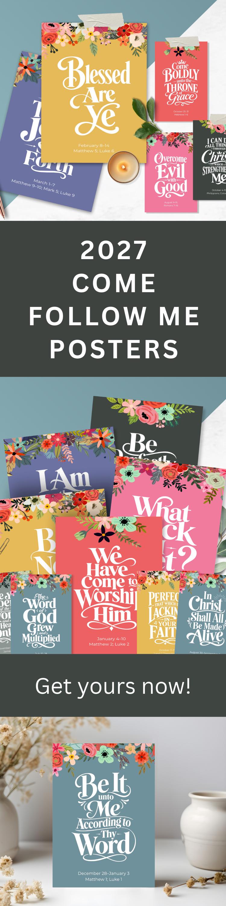 Group of colorful 2027 Come Follow Me scripture posters featuring floral designs, meaningful Bible quotes