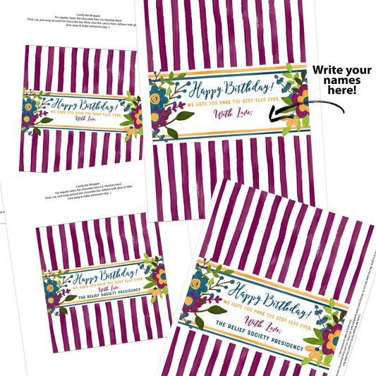 Relief Society Birthday Chocolate Candy Bar Wrapper - Purple Yellow Floral Birthday Gift