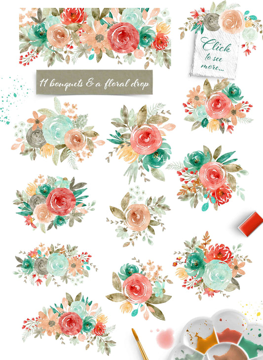 Sweet Dreams Floral Clip Art | Free Commercial Use Watercolor Clip Art | Peach Mint Teal Flowers Clip Art | CU OK
