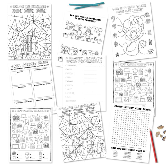 Family History FUN Activity & Coloring Printable Kit for Kids | LDS Family History Coloring Games Booklet