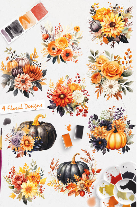 Romantic Fall Floral Clip Art Kit | Commercial Use | Digital Download | Watercolor Autumn Flowers
