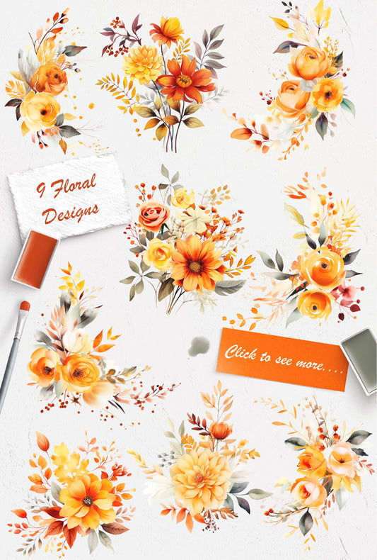 Fun Fall Floral Clip Art Bundle | Transparent Background Digital Download Png Graphics | Watercolor Autumn Clipart | Free Commercial Use