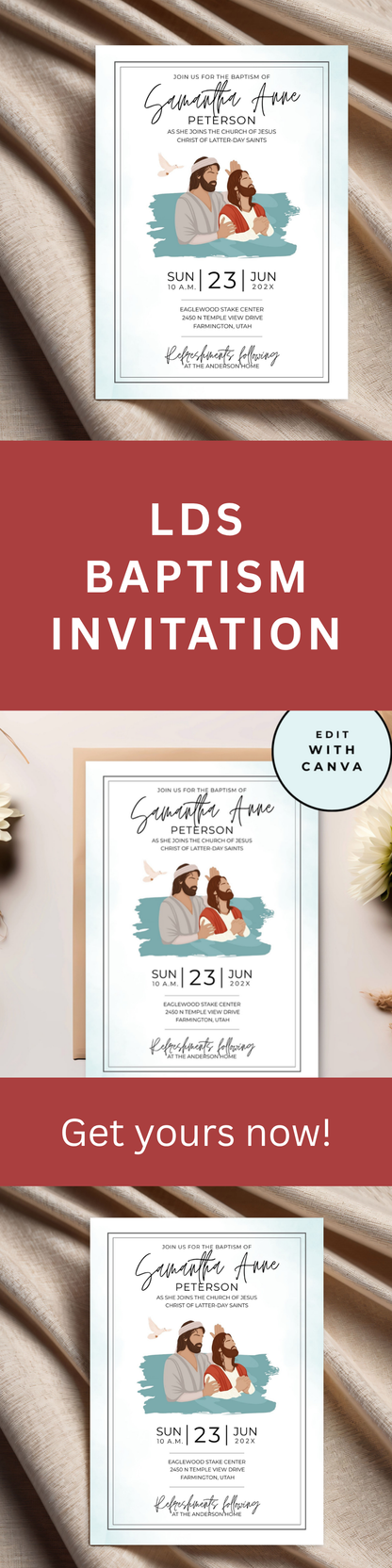 LDS Baptism Invitation – Editable Canva Digital Download Template