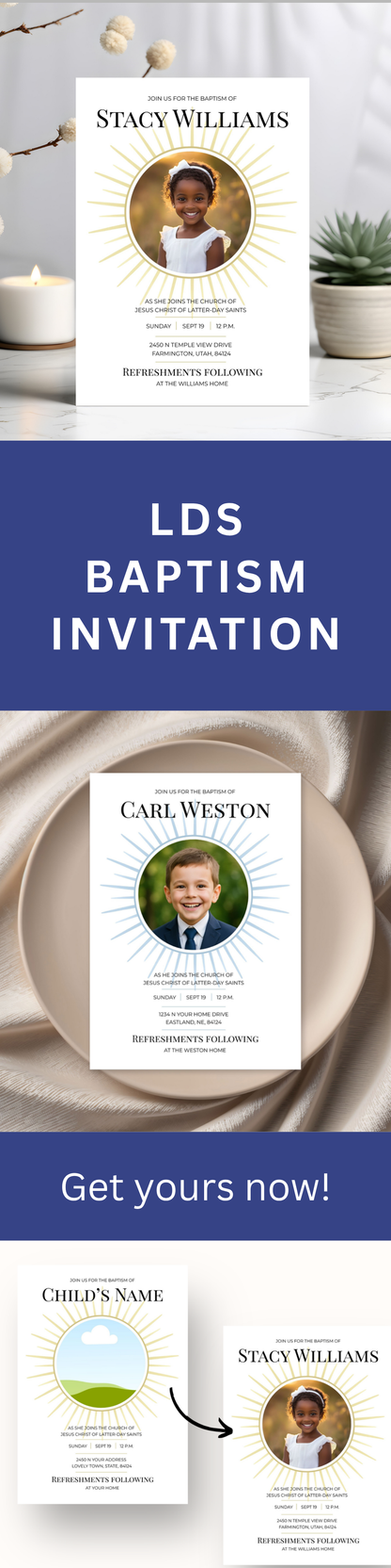 LDS Baptism Invitation – Canva Editable Sunrays Digital Download
