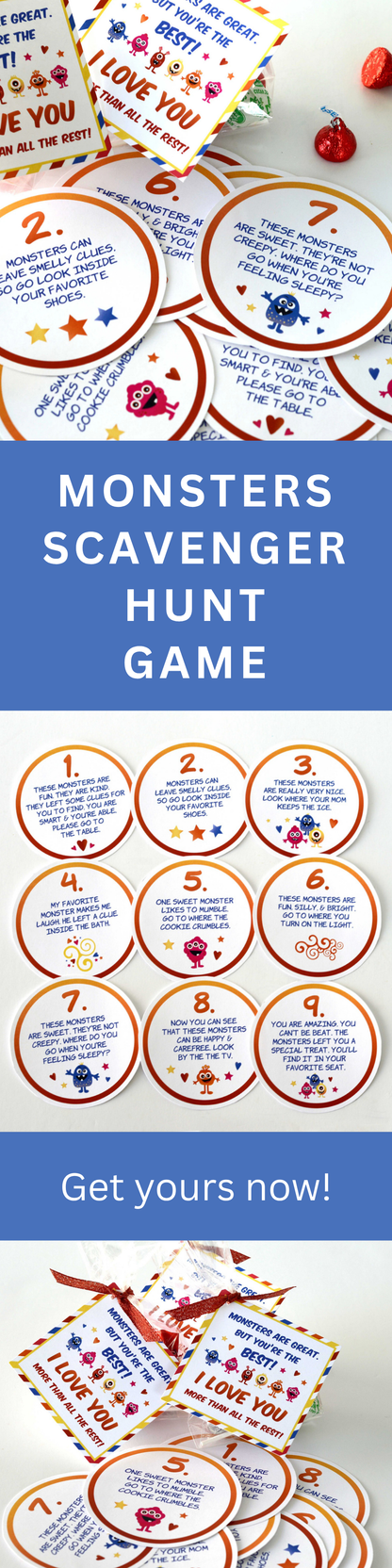 Monster Scavenger Hunt Printable Game – 9 Clue Cards for Kids Birthday Party