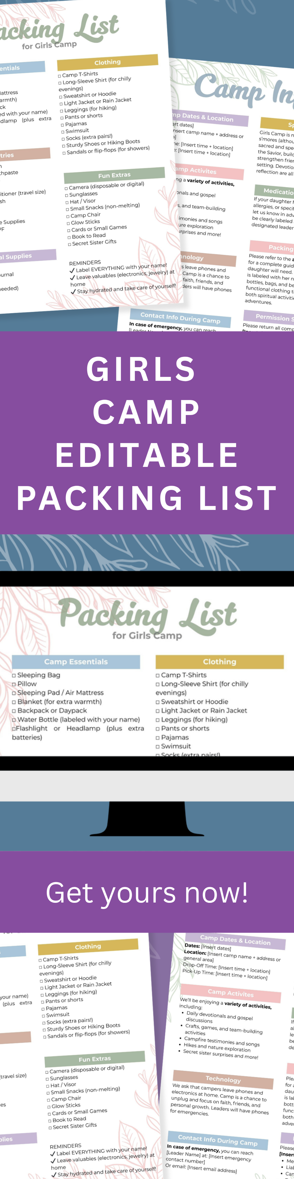 LDS Girls Camp Info and Packing List – Editable Printable Checklist Template