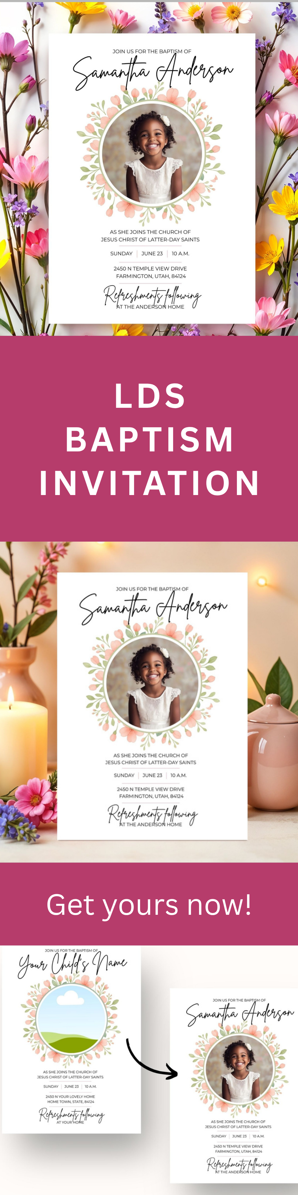 LDS Baptism Invitation for Girls – Canva Printable Floral Design
