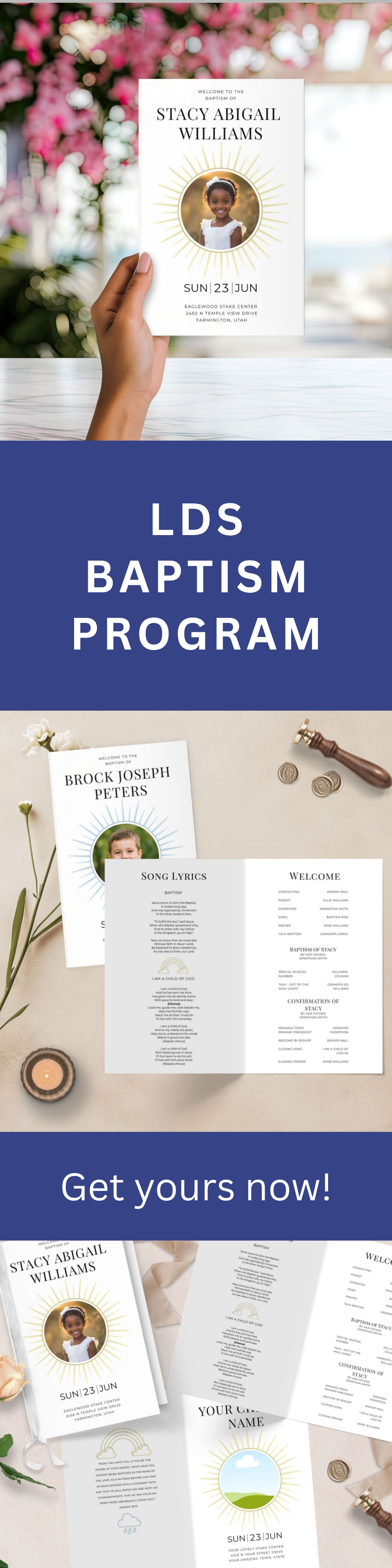 LDS Baptism Program Template – Editable Canva Printable Foldable Sunray Design