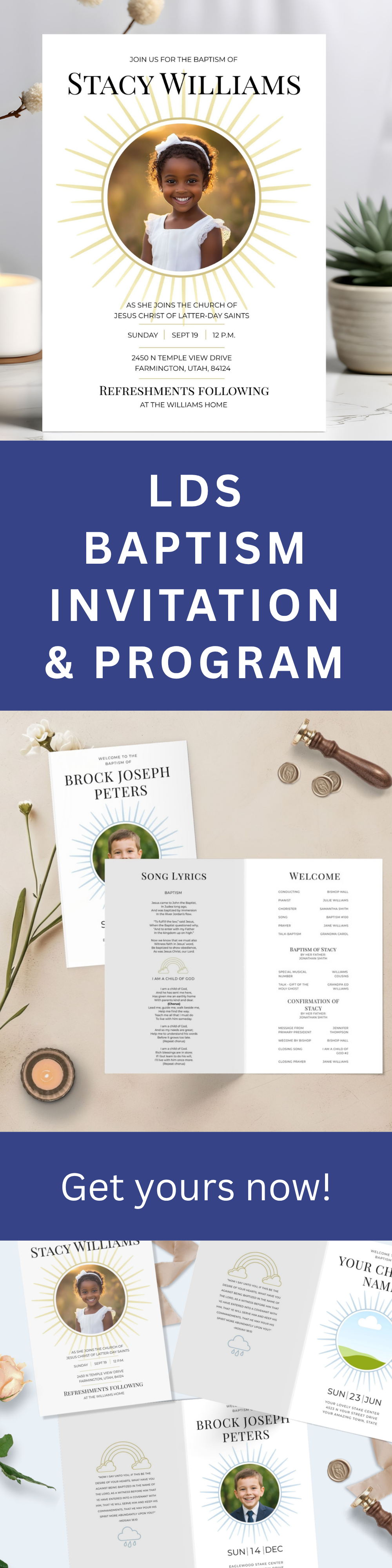 LDS Baptism Invitation and Program Bundle - Editable Canva Template Sunray
