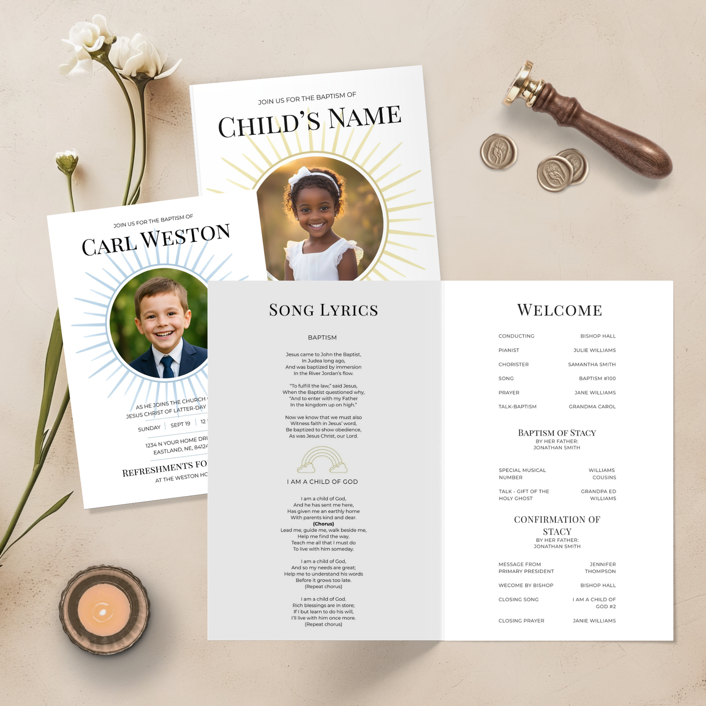 LDS Baptism Invitation and Program Bundle - Editable Canva Template Sunray