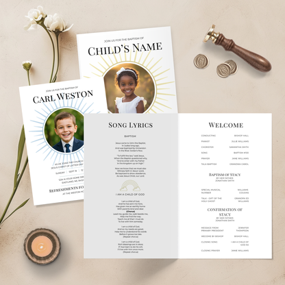 LDS Baptism Invitation and Program Bundle - Editable Canva Template Sunray