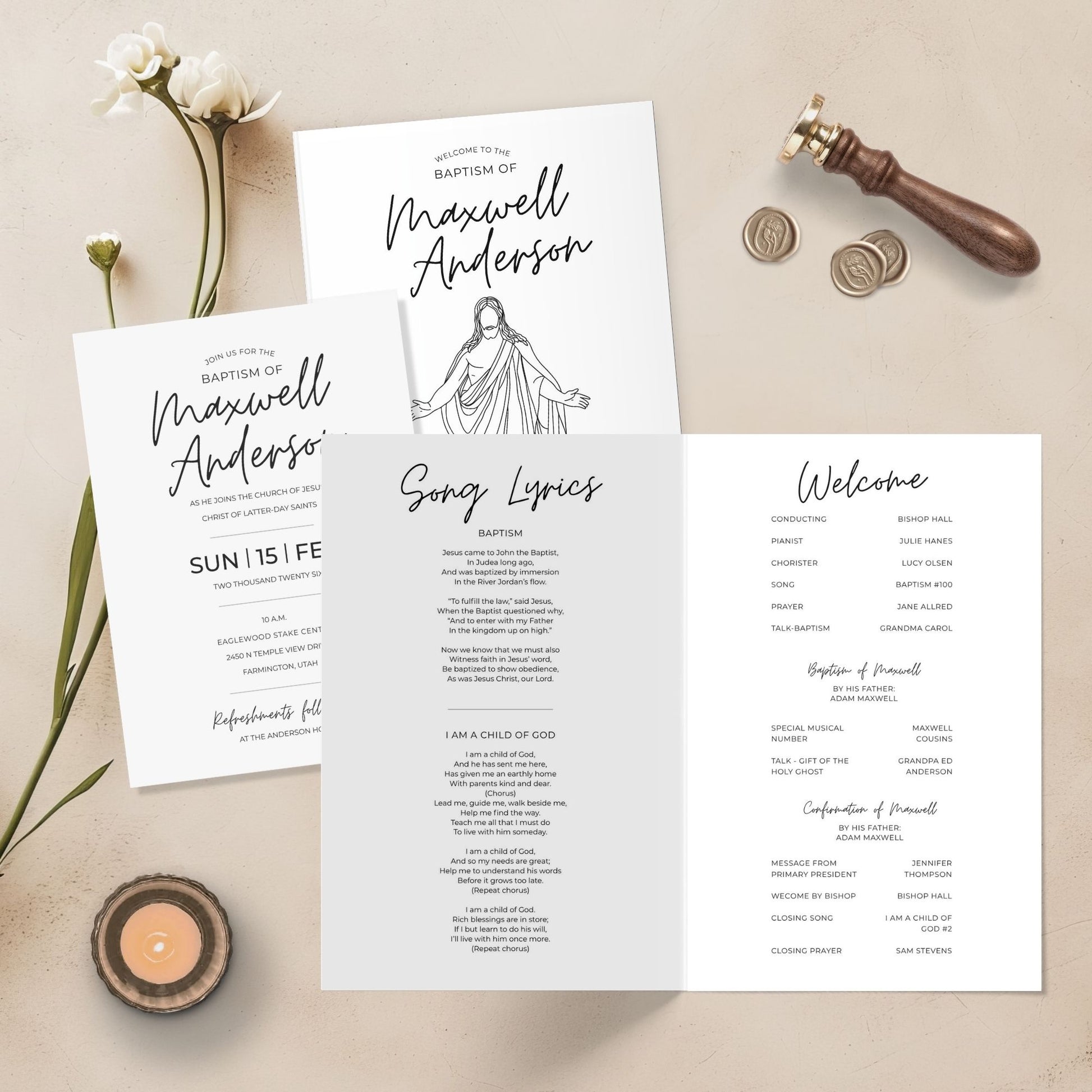 Canva Baptism Template Editable Invitation Design LDS Mormon Church Ceremony Digital Download Instant Access Bundle Includes Program Materials Custom Personalized Details Boy Girl Gender Neutral Religious Celebration Printable Format Easy