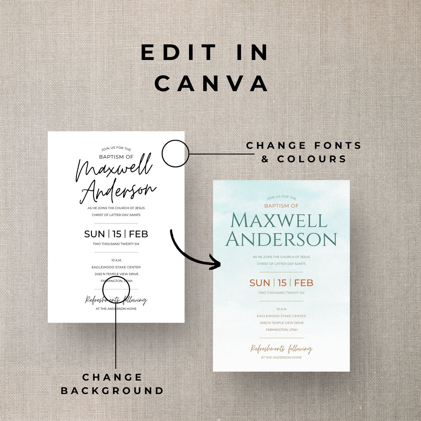 LDS Baptism Invitation and Program Editable Canva Template Bundle