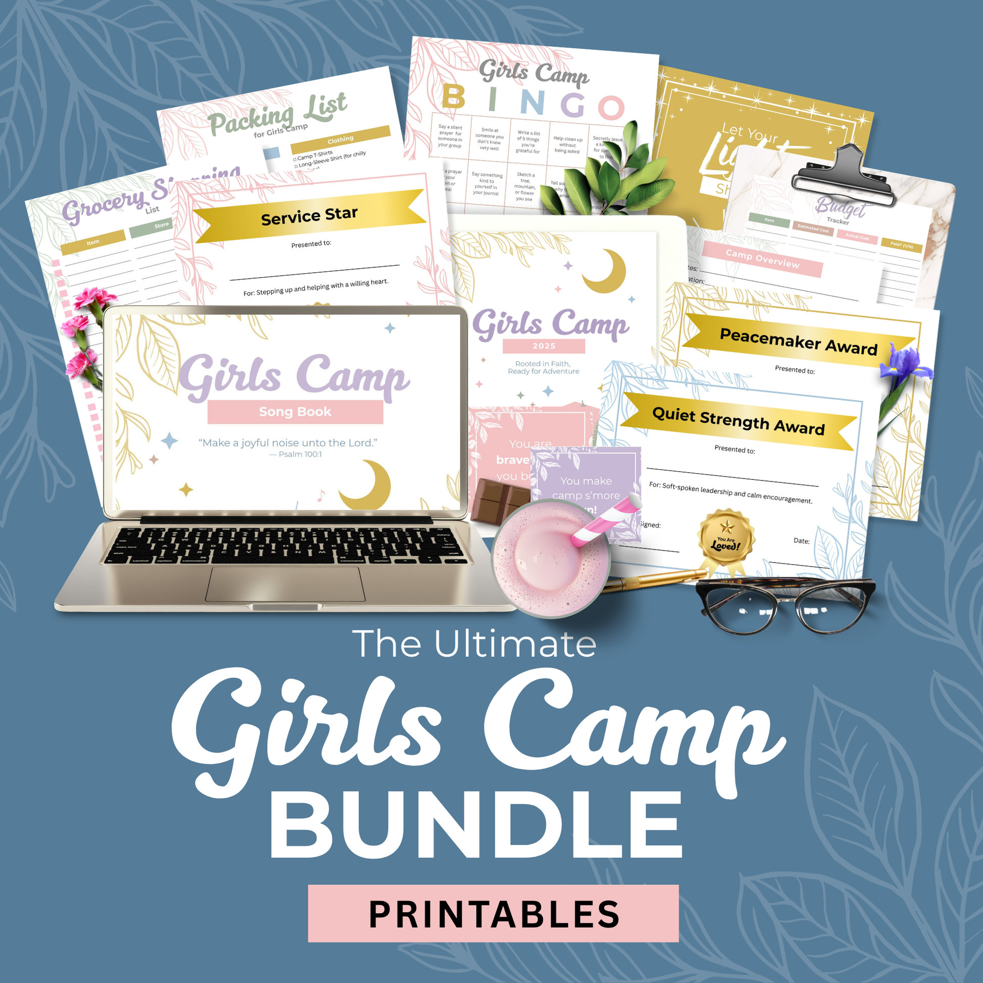 LDS Girls Camp Printable Bundle Complete Planning Kit Young Women Camp Journal Planner Digital Download Editable Canva Template Instant Access Youth Activity Resource Song Book Collection Booklet Format Full Page Options Faith Based Summer