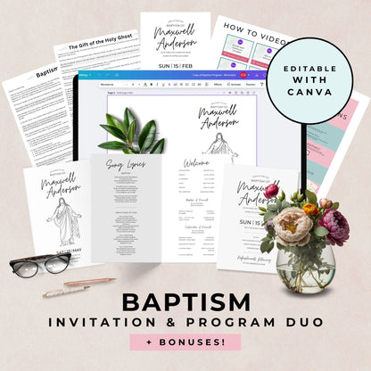 LDS Baptism Invitation Template Canva Editable Design Digital Download Bundle Includes Program Materials Religious Ceremony Celebration Custom Personalized Details Boy Girl Gender Neutral Church Milestone Event Instant Access Printable