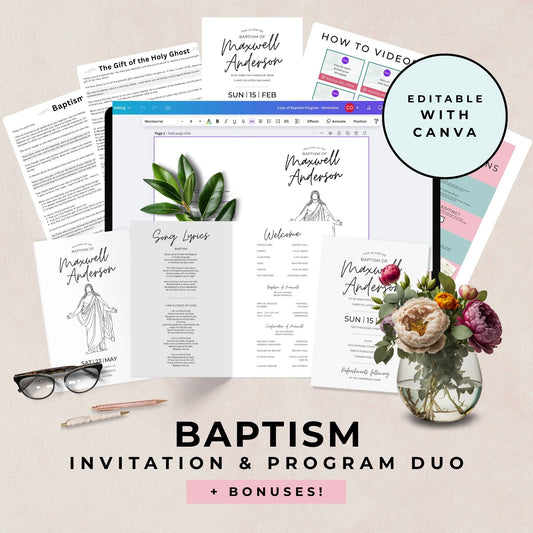 LDS Baptism Invitation Template Canva Editable Design Digital Download Bundle Includes Program Materials Religious Ceremony Celebration Custom Personalized Details Boy Girl Gender Neutral Church Milestone Event Instant Access Printable