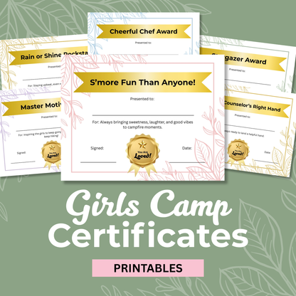 Girls Camp Certificate LDS Youth Award Template Editable Printable Design Church Young Women Recognition Summer Camp Achievement Awards Customizable Text Fields Instant Download Digital File Youth Leader Resource Faith Based Program