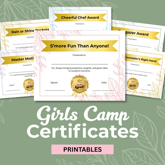Girls Camp Certificate LDS Youth Award Template Editable Printable Design Church Young Women Recognition Summer Camp Achievement Awards Customizable Text Fields Instant Download Digital File Youth Leader Resource Faith Based Program