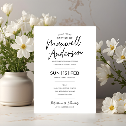 LDS Baptism Invitation Template Editable Design Church Ceremony Announcement Instant Download Digital Format Minimalist Modern Style Boy Girl Gender Neutral Religious Celebration Customizable Canva Template DIY Printing Perfect Personalized