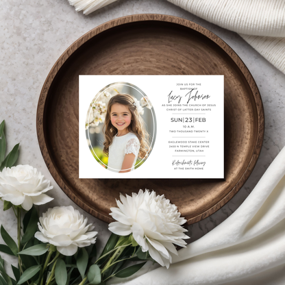 Modern Baptism Invitation LDS Template Design Editable Canva Printable Mormon Ceremony Announcement Photo Personalization Space Custom Text Fields Digital Download Format Instant Access Template Clean Professional Typography Religious