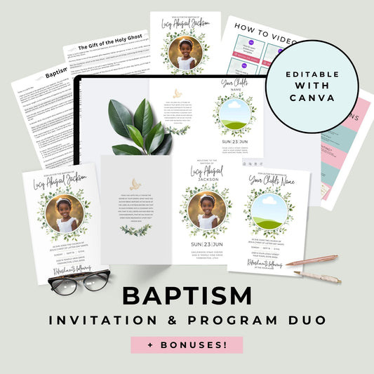 Editable Baptism Invitation Template Canva Design Bundle Digital Download Matching Program Set Religious Ceremony Planning Complete Package Easy Edit Format DIY Invitation Creation Church Event Celebration Gender Neutral Design Beautiful