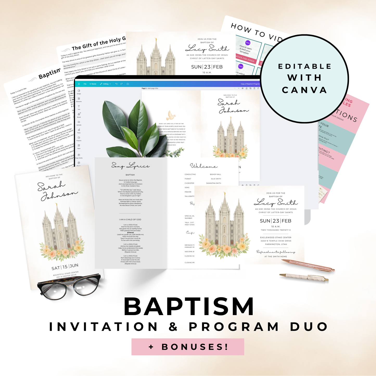 LDS Baptism Invitation Template Digital Download Bundle Editable Canva Design Program Set Religious Ceremony Planning Resource Instant Access Customizable Church Event Package Perfect Primary President Essential Parent Planning Tool DIY