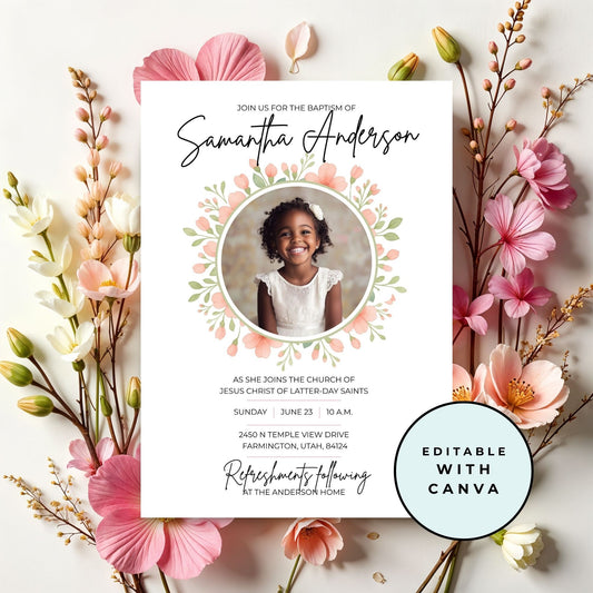 Girl Baptism Invitation Template Digital Download Floral Design Pattern Canva Editable Format Printable Religious Ceremony Celebration Instant Access DIY Friendly Church Announcement Family Gathering Invite Customizable Text Fields