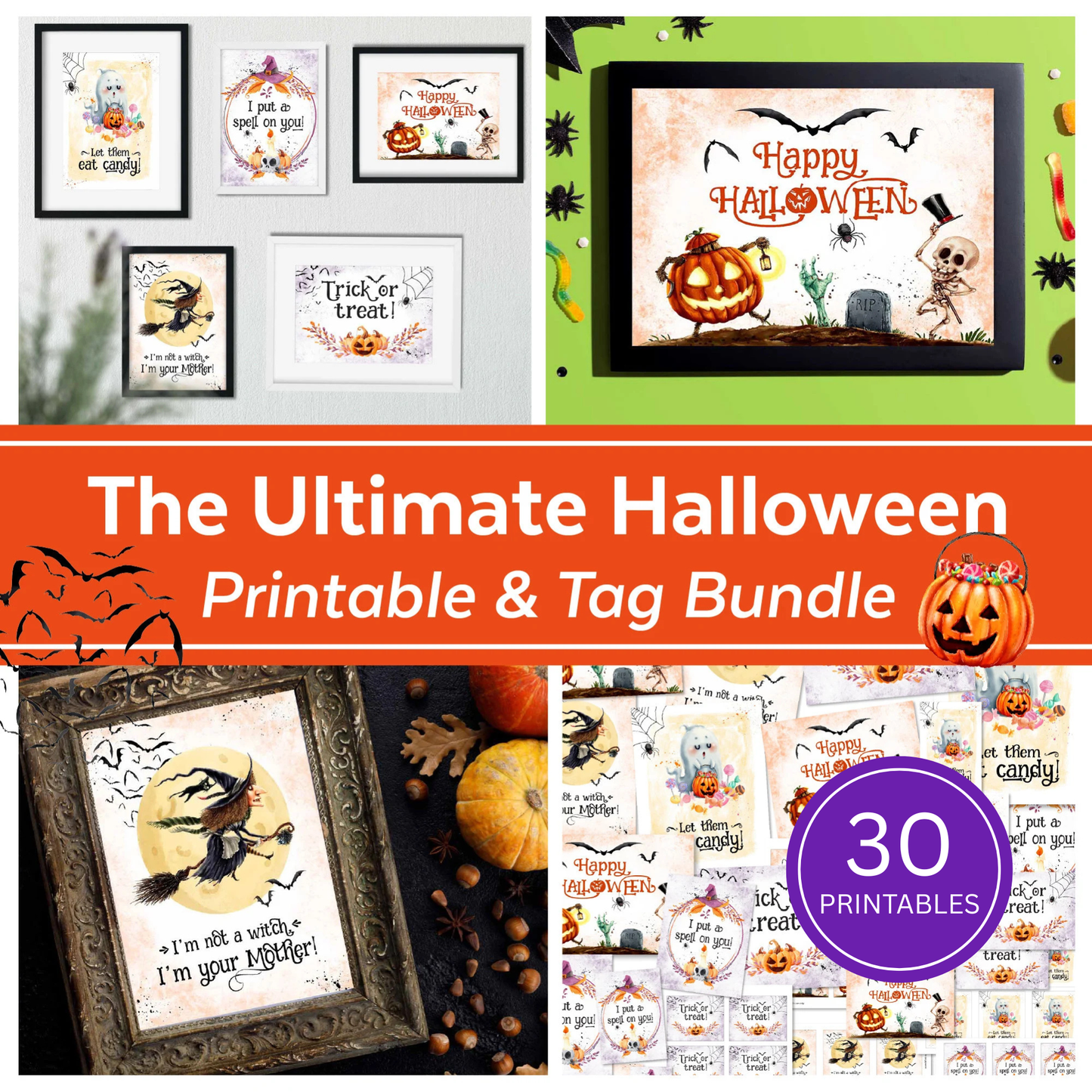 Halloween Printable Bundle Digital Download Instant Kit Five Design Collection Coloring Page Activity Sheet Set Gift Tag Package Pumpkin Party Supplies Spooky Celebration Printables Multiple Size Options Adorable Graphics Family Friendly