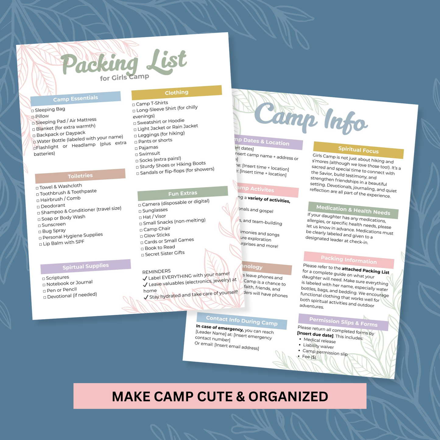 Youth Camp Packing Checklist Lds Girls Camp Organization Tool Editable Printable Template Digital Download Format Canva Compatible Planning Resource Customizable List Complete Preparation Guide Instant Access Reusable Essential Perfect Camp