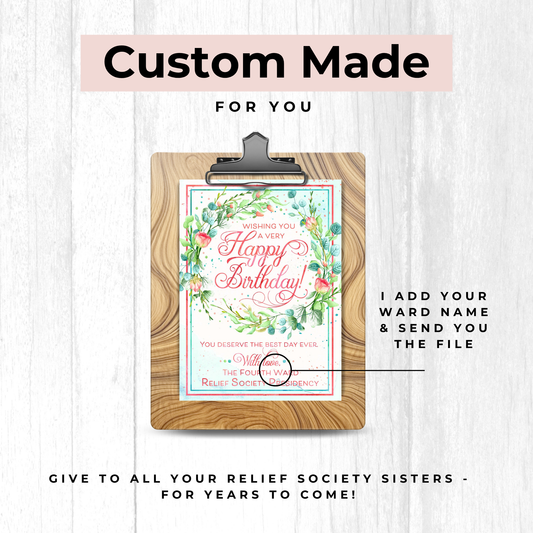 Relief Society Custom Birthday Card - Personalized LDS Ward Printable