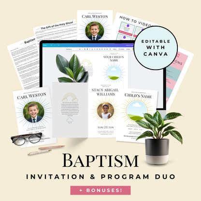 LDS Ceremony Invitation Bundle Digital Download Canva Template Set Editable Design Format Matching Program Template Foldable Ceremony Program Instant Access Download Easy Customization Options Religious Milestone Celebration Child Ceremony